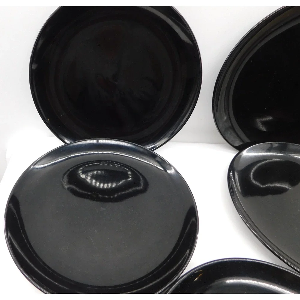 Set of 5 IKEA Fargrik Black Lunch/Salad Plates Glossy Vtg *Some Scratches
